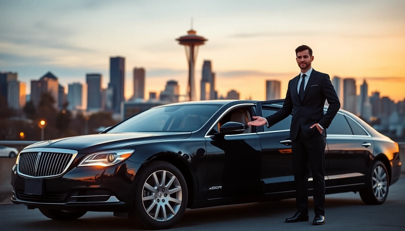 Experience a luxurious Vancouver to Seattle Car Service with a chauffeur welcoming you at a sleek limousine.