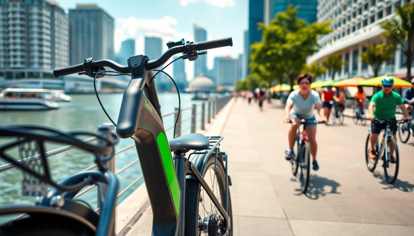 Ride a modern ebike Singapore model beside a lively waterfront, showcasing urban cycling.