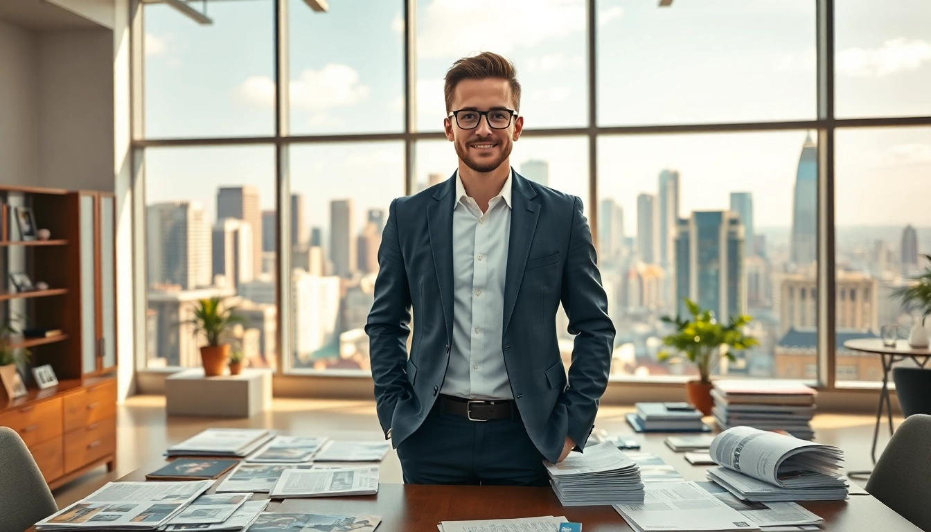 Engaging real estate blog scene featuring a professional agent and cityscape background.