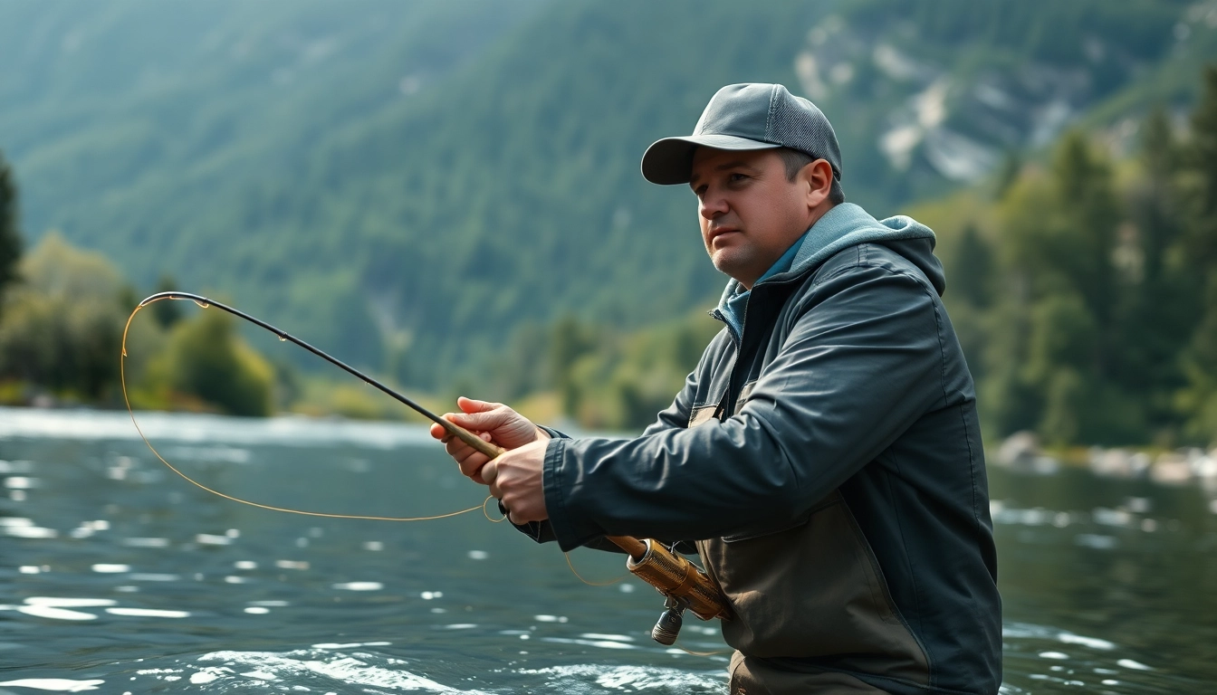 Angler casting a fly fishing line in a tranquil mountain river, showcasing skills in nature.