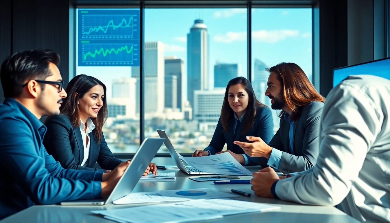 Discussing Dallas hedge fund strategies in a modern financial office.