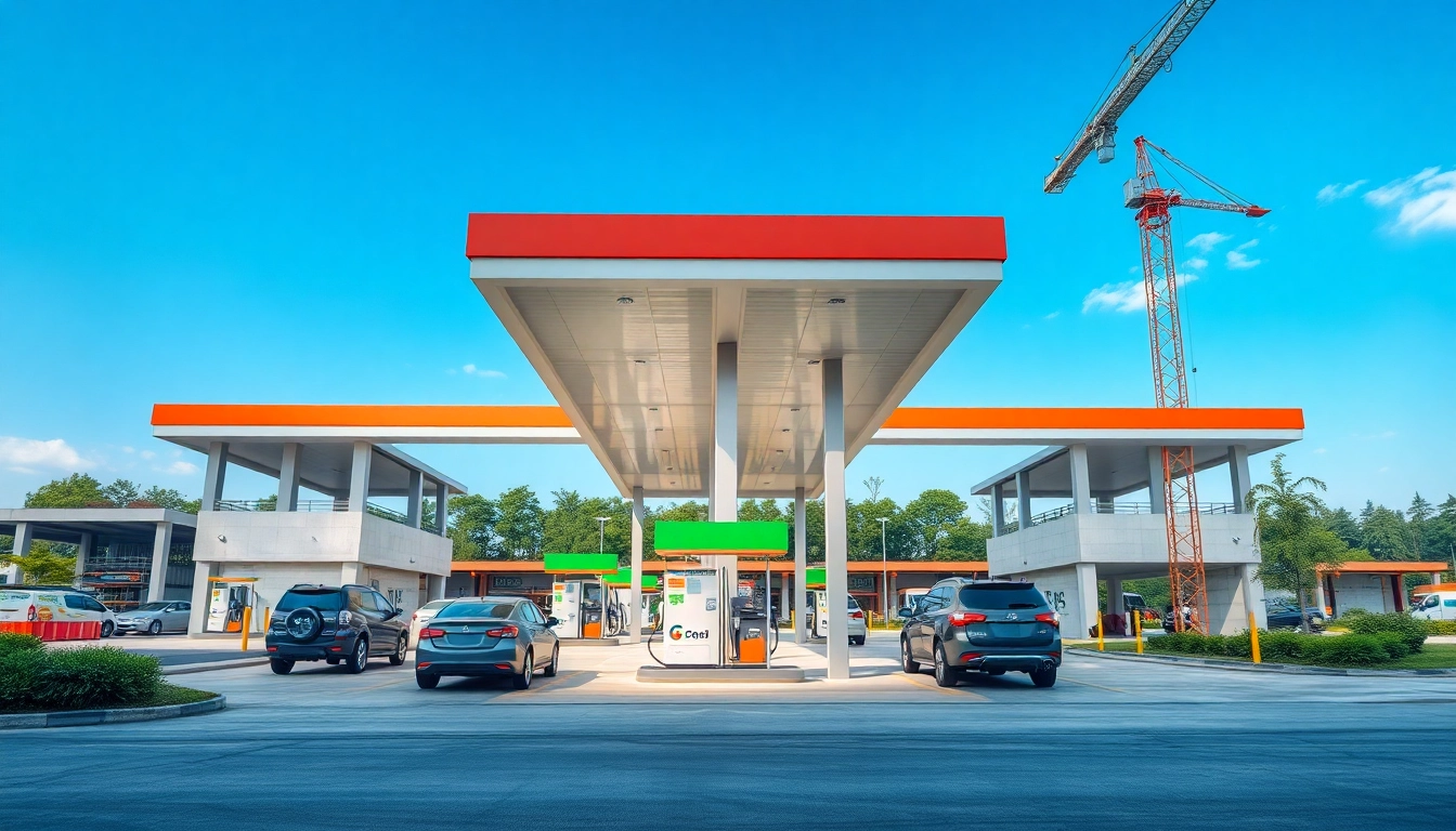 Gas station construction site with modern fuel pumps and organized layout showcasing efficiency.