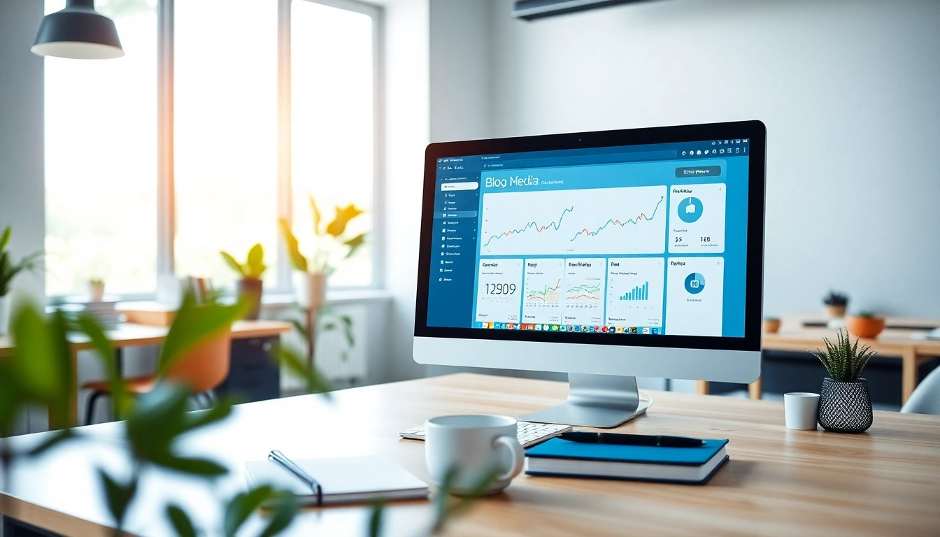 Visual representation of Social media and blog automation tools in a professional workspace, enhancing productivity.