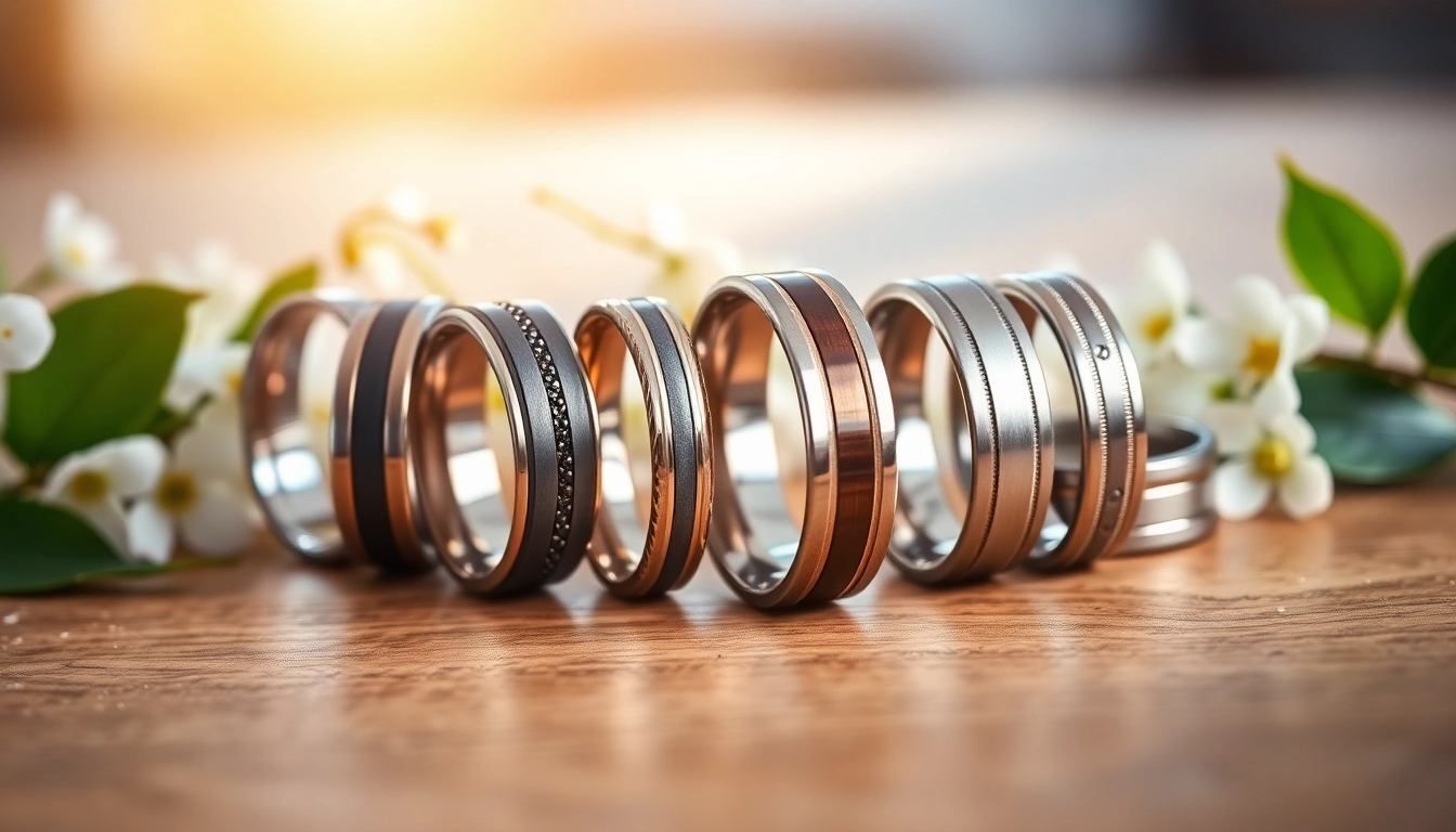 Explore beautiful tungsten wedding bands showcasing unique designs and finishes on a wooden surface.
