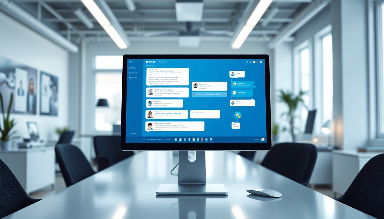 Utilize an AI chatbot for website engagement, featuring a modern interface in a professional setting.