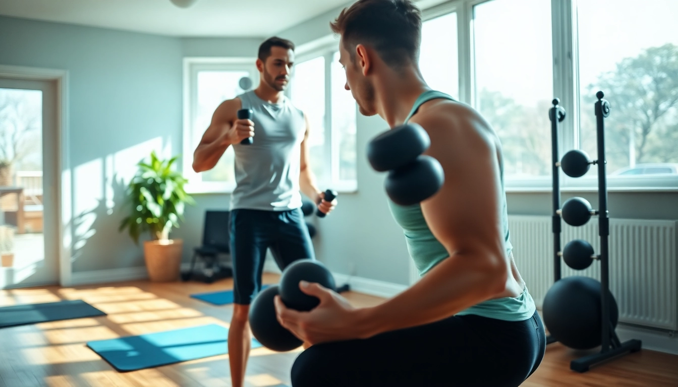 Engaging online personal trainer demonstrating exercises effectively to a motivated client.