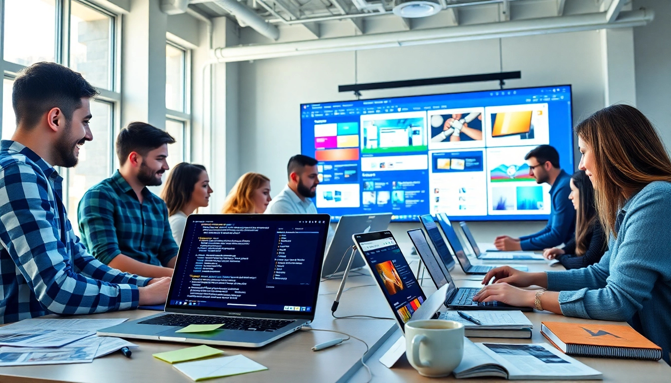 Web development team brainstorming at a modern workspace with coding on laptops.