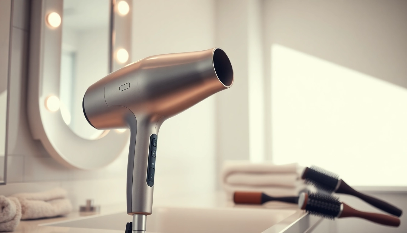 Stylish hair dryer on a bathroom countertop with elegant design features.