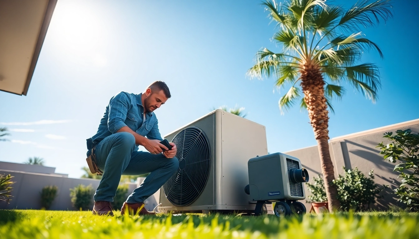 Technician servicing a scottsdale ac unit in a sunny Scottsdale backyard.