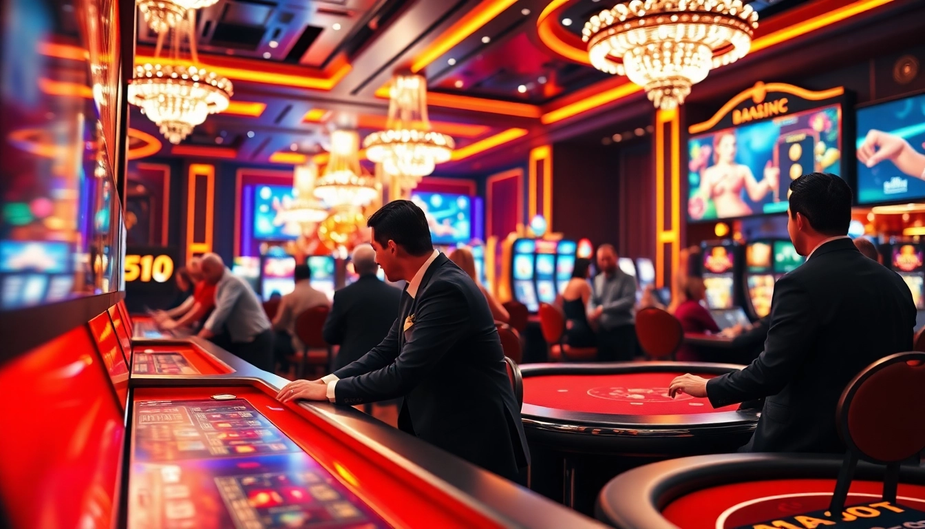 Experience the thrill at the Best Online Casino Malaysia 2025 with players enjoying games in a vibrant luxury setting.