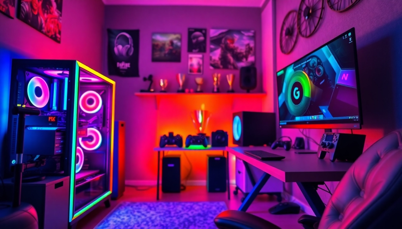 Menggambarkan pengalaman bermain game online dengan setup gaming yang stylish dan penuh warna.