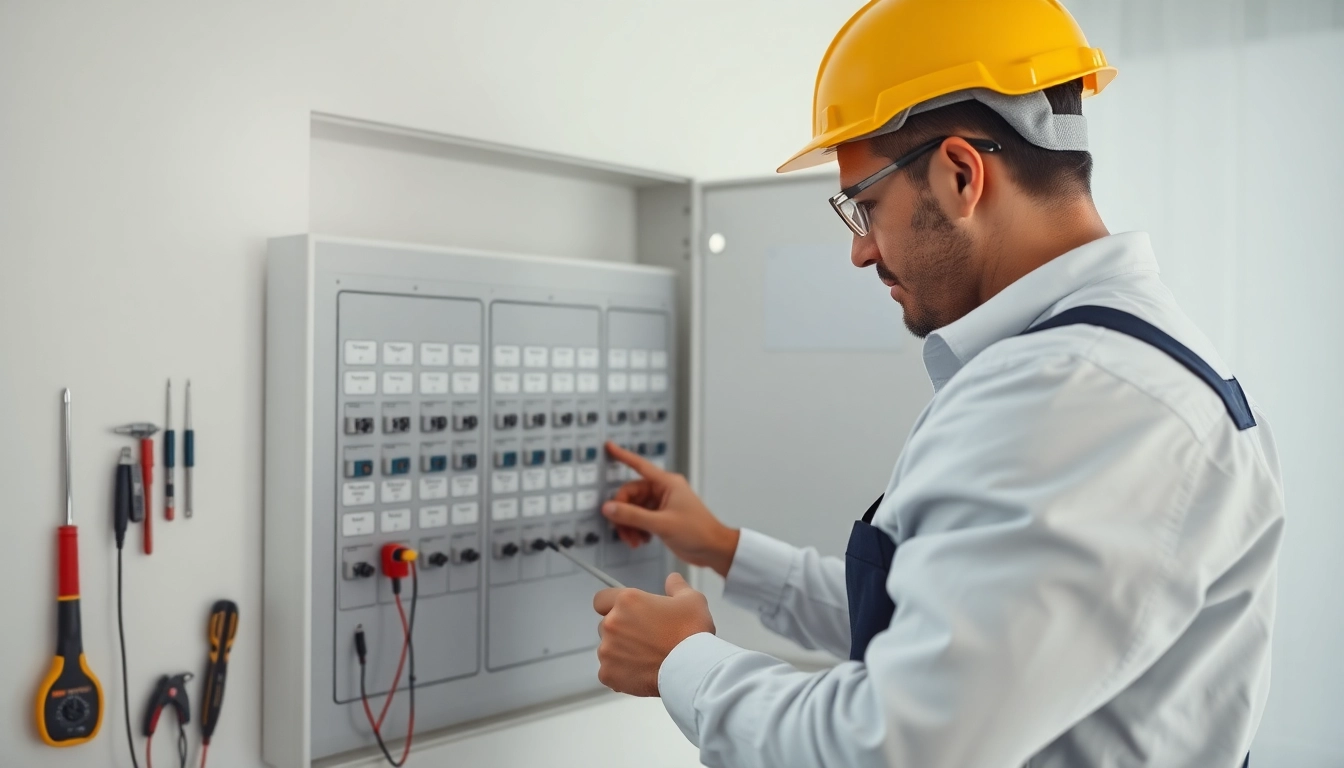 Electrician performing an electrical panel upgrade in a modern home, showcasing safety and professionalism.