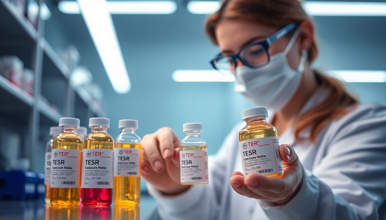 Researcher carefully examines TeSR™ feeder-free media solution, ensuring all check for quality and consistency in stem cell culture.