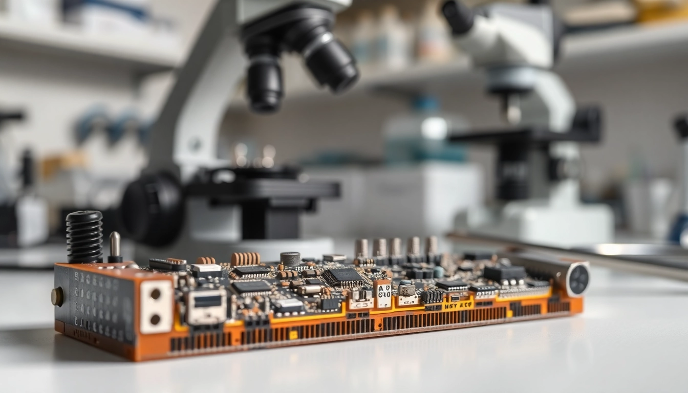 Cross sectioning of an electronic circuit board revealing internal components and design.