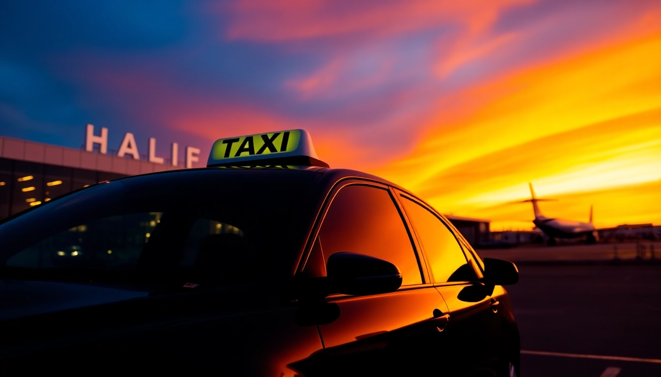 Airport taxis Halifax transporting passengers in front of the Halifax airport terminal at sunset.