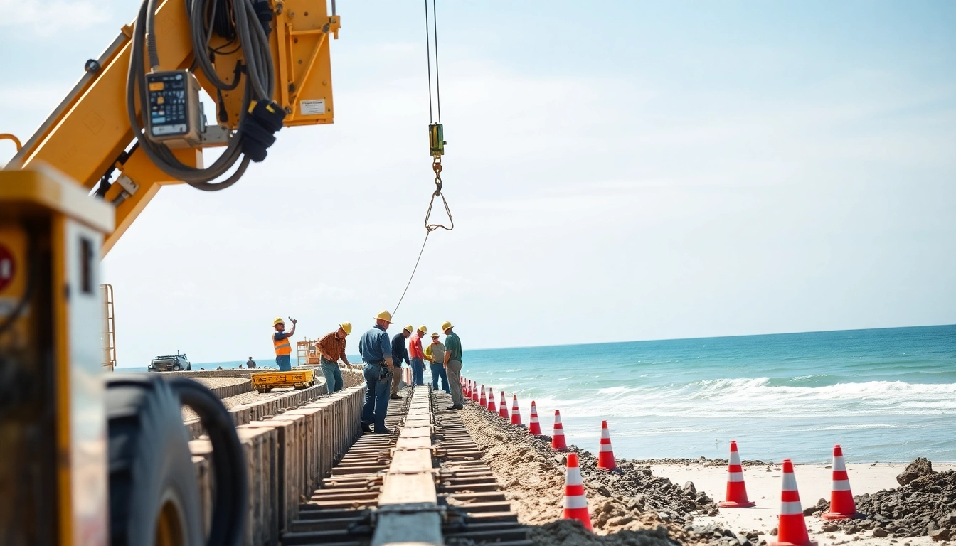 Engaging in bulkhead installation galveston along a scenic coastal setting with workers and equipment.
