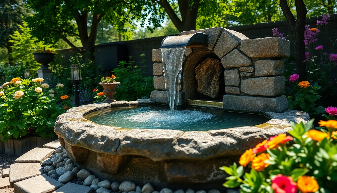 Gartenbrunnen in einem idyllischen Garten mit Blumen und Steinstruktur.