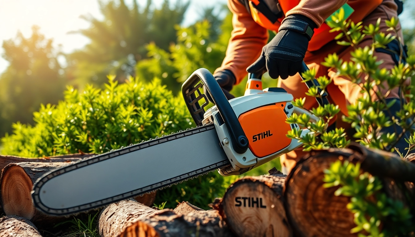 Stihl Kettensäge in Aktion beim Schneiden von Holzstücken unter einem klaren Himmel.