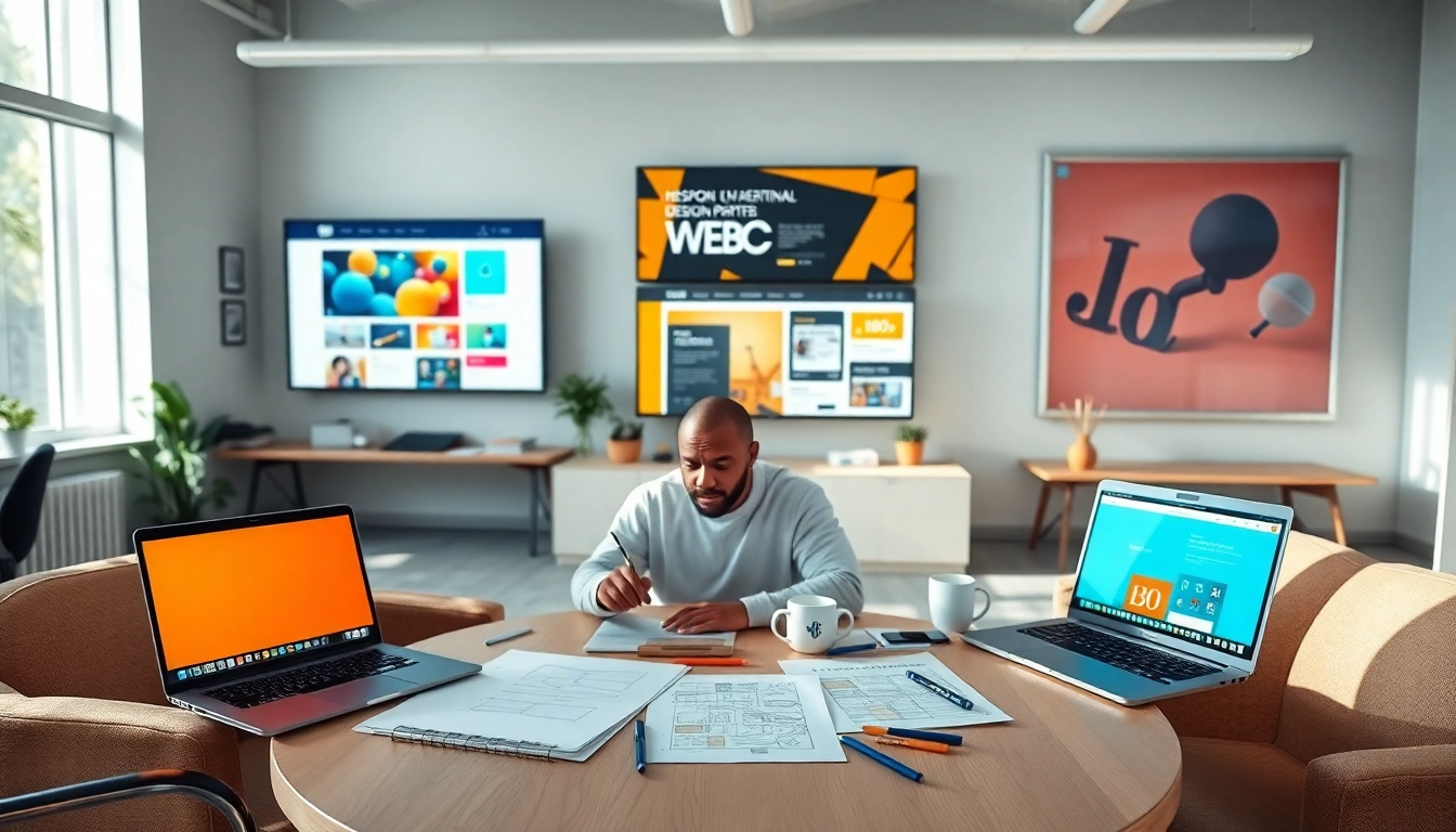 Showcasing vibrant website design process with collaborative designers in a modern workspace.