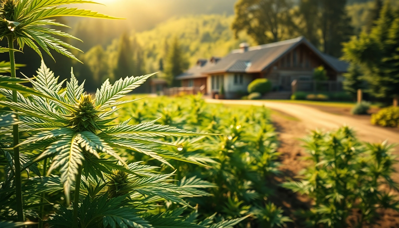 Explore a lush cannabis field highlighting cbd organics and natural wellness in a serene farm setting.