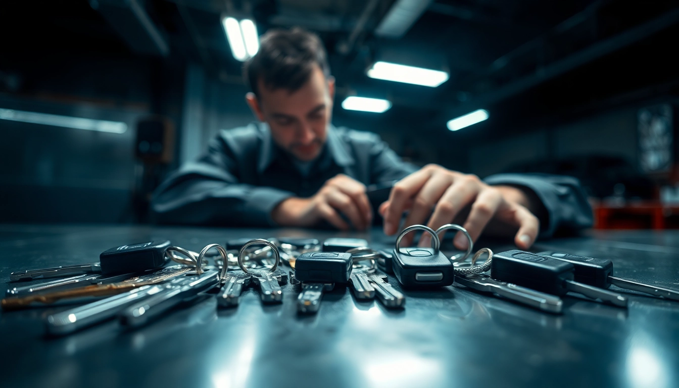 Resolve lost car keys issue with a professional automotive locksmith at work in a garage.