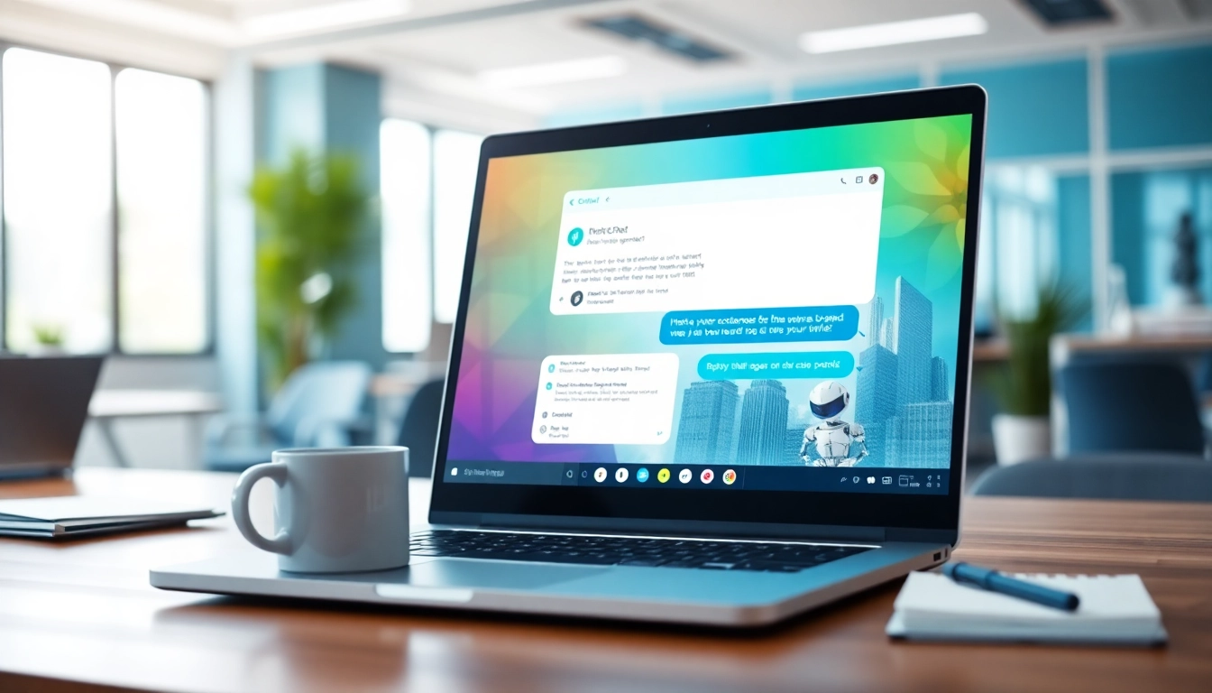 Engaging website chatbot displayed on a laptop in a modern office setting.