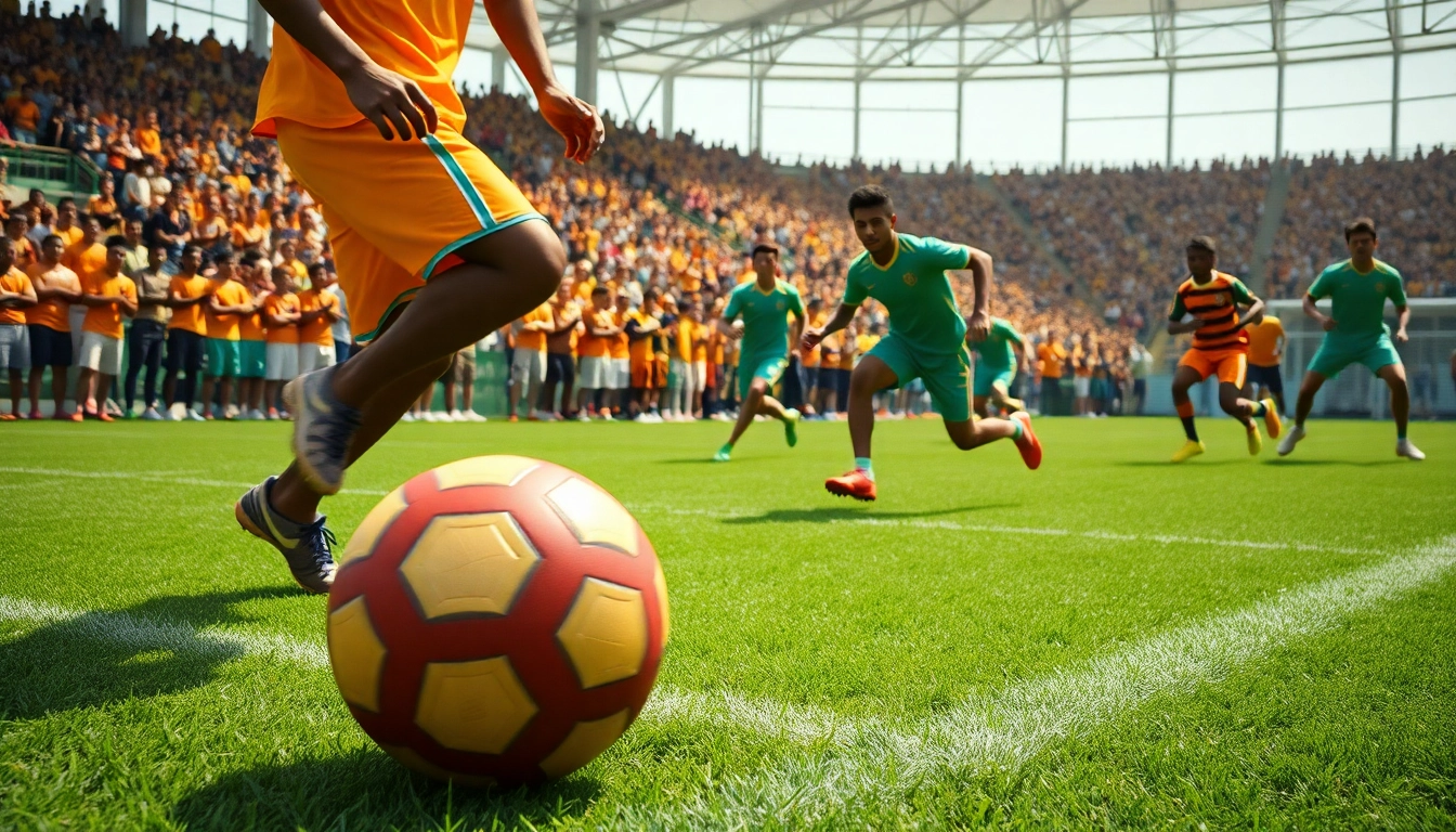 Para pemain Sepakbolacc game beraksi penuh semangat di lapangan hijau, dikelilingi sorakan penonton.