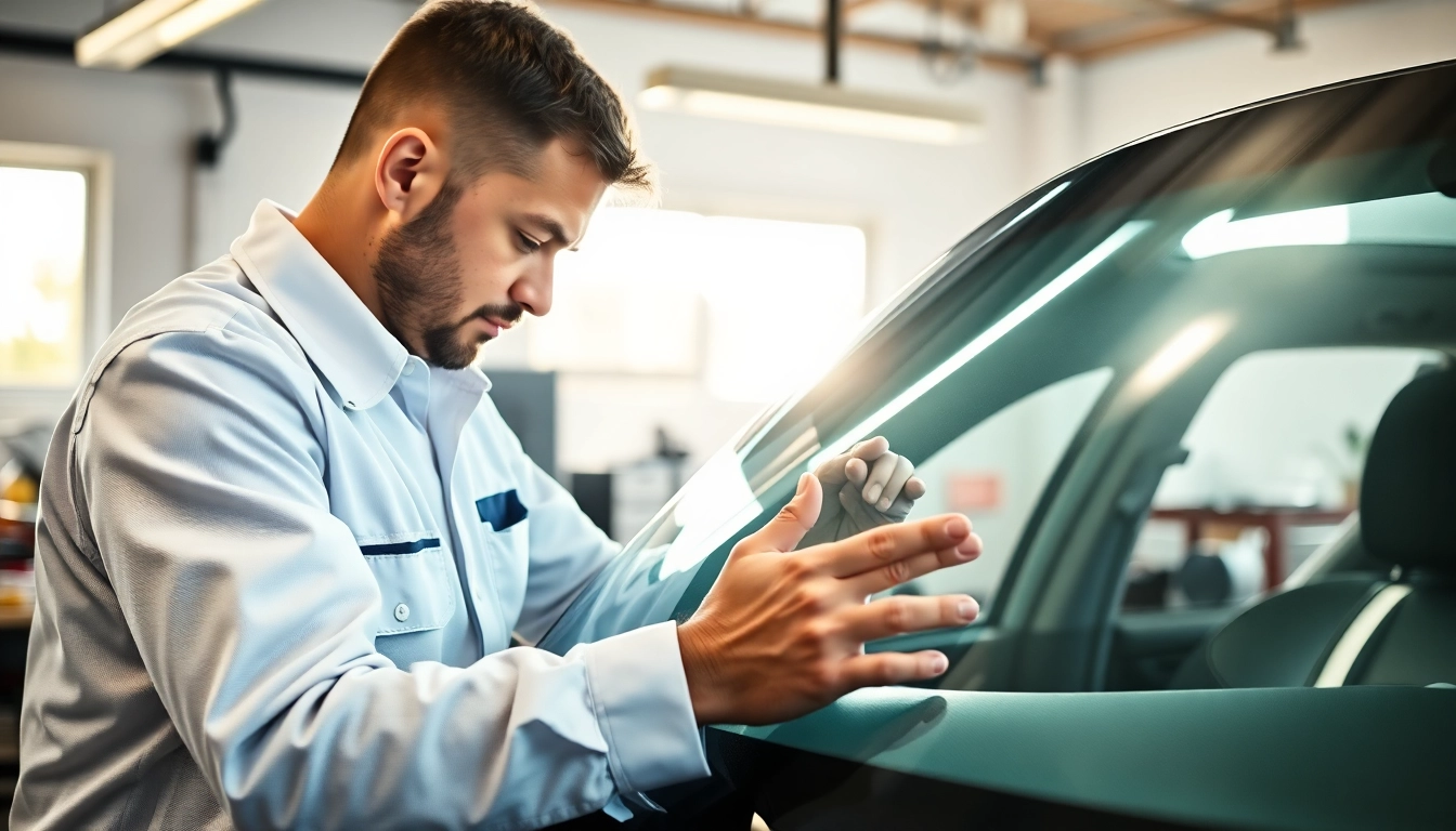 Auto Glass Replacement technician skillfully replacing a windshield in a bright garage setting.