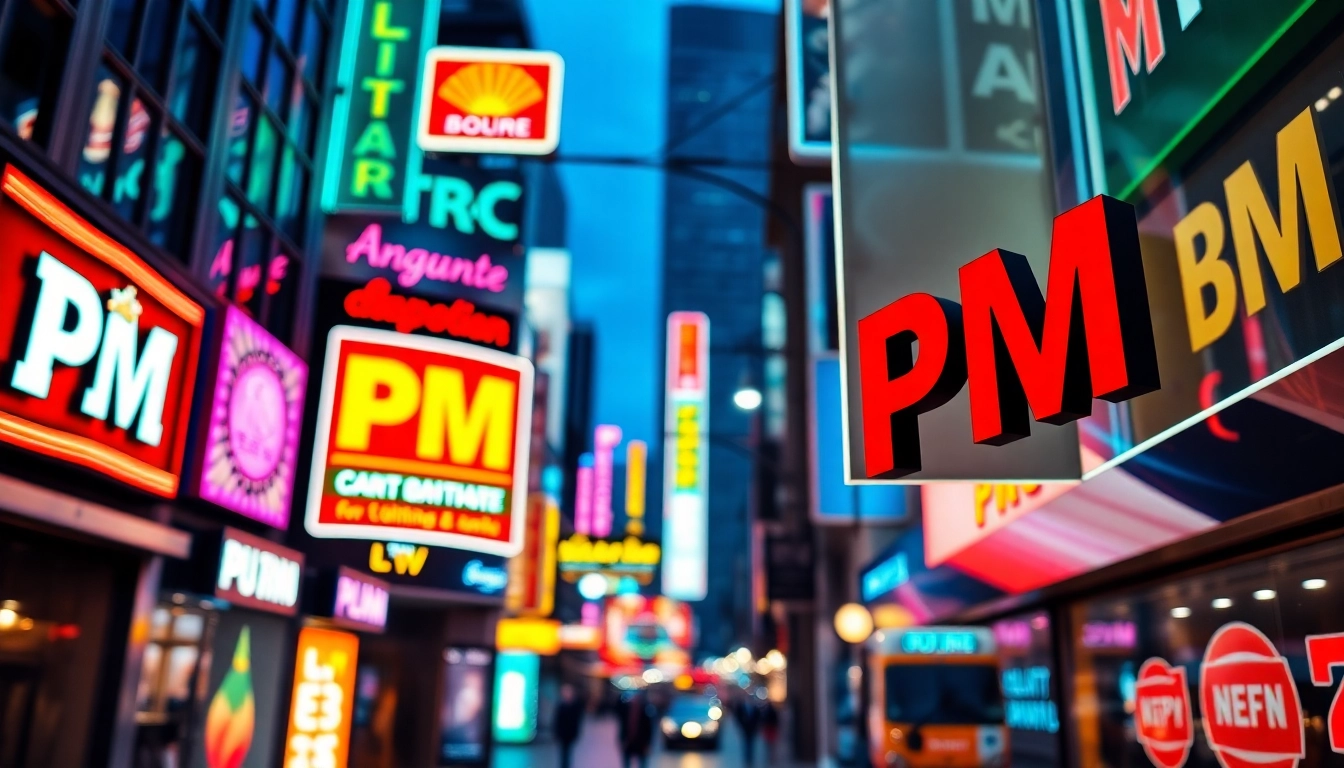 Engaging view of pm signs in a vibrant urban setting showcasing brands effectively.