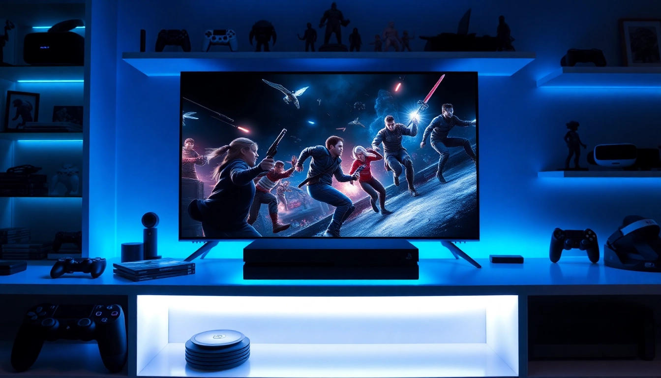 Engaging PS4 games setup showcasing dynamic gaming scene on TV with accessories and lighting.