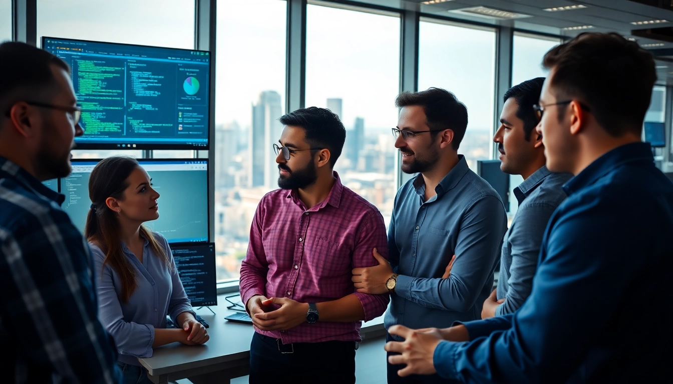 Site reliability engineering experts collaborating in a tech-forward office environment.