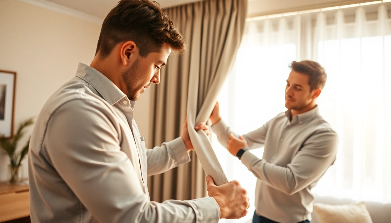 Skilled curtain fitters installing stylish curtains in a beautifully decorated living room.
