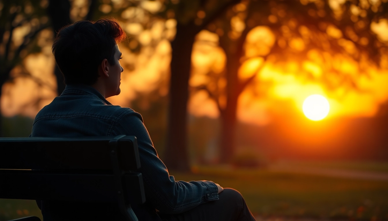 Person reflecting on their relationship breakup while seated on a bench during sunset.