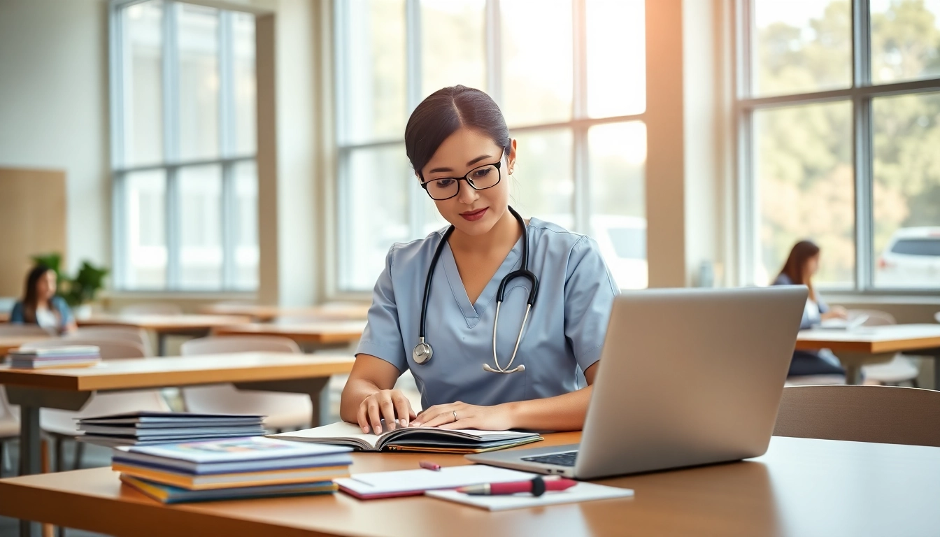 Progressive nurse engaging in nursing ceus studies with vibrant course materials.