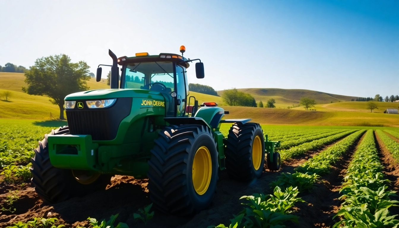 Ein John Deere Traktor arbeitet effizient auf einem weitläufigen Feld und zeigt landwirtschaftlichen Fortschritt.