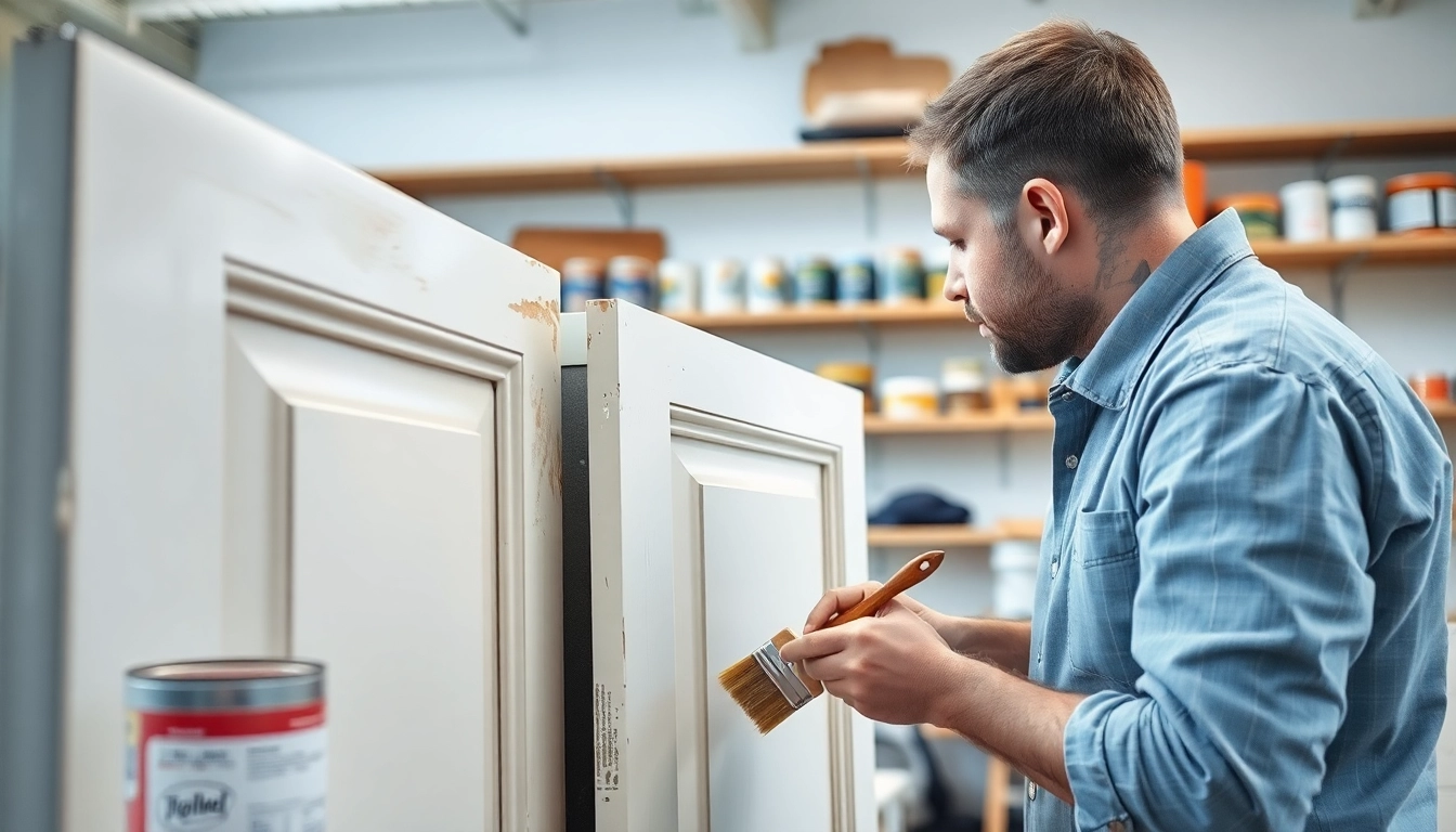 Cabinet painting St Paul showcases a craftsman painting cabinetry in a bright, inviting workshop.