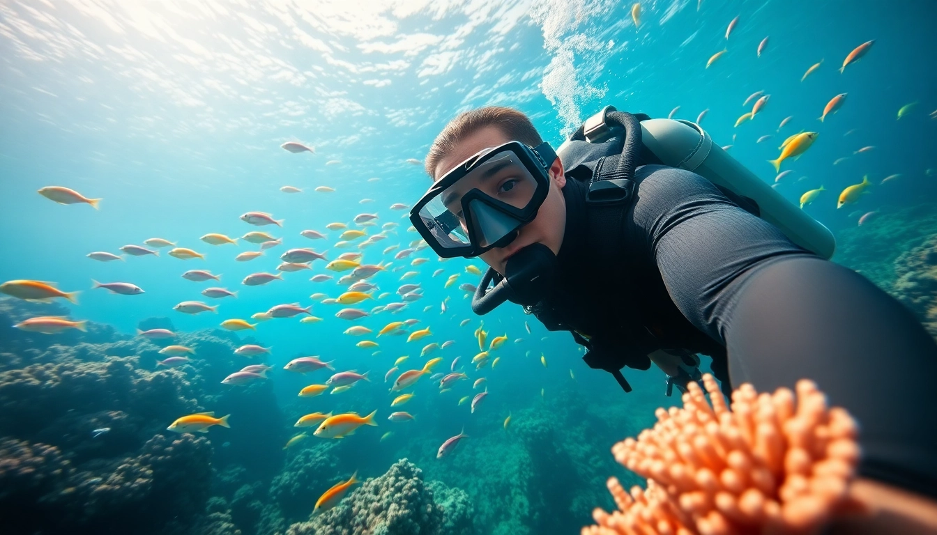 Bali Diving experience with a scuba diver among colorful coral reefs and tropical fish.