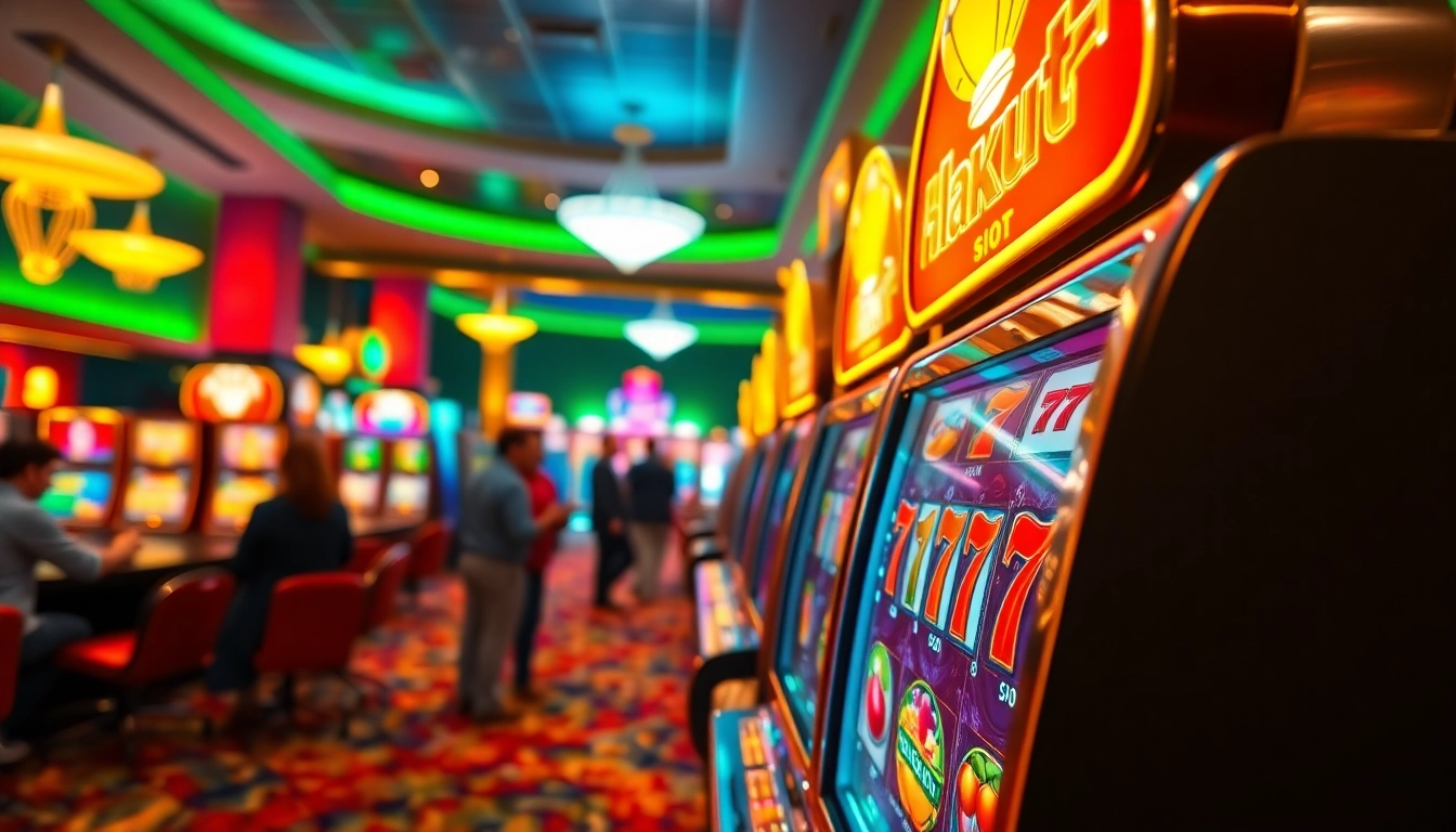Menangkan laku77 slot dengan mesin slot berwarna cerah di kasino yang meriah.