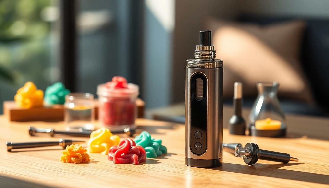 Showcase of sleek wax vaporizers with vibrant concentrates highlighting vaping culture.
