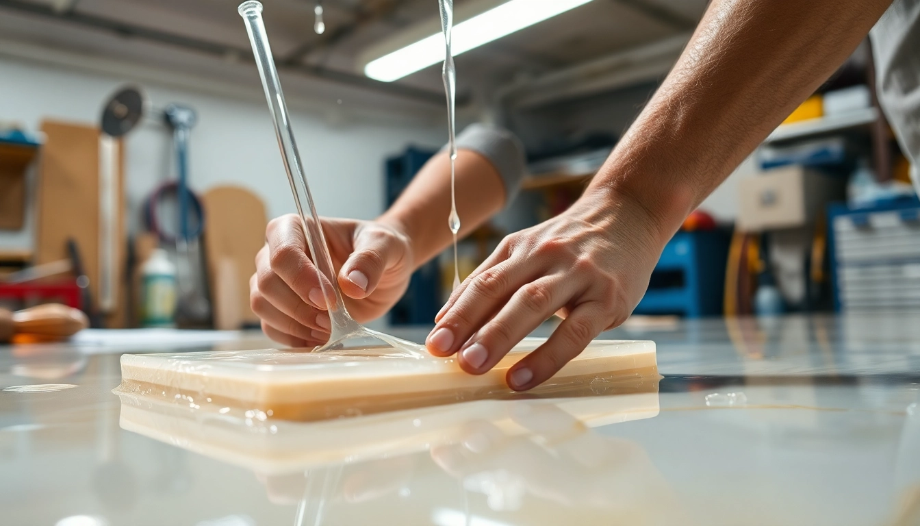 Applying laminating resin to fiberglass materials in a professional workshop setting.