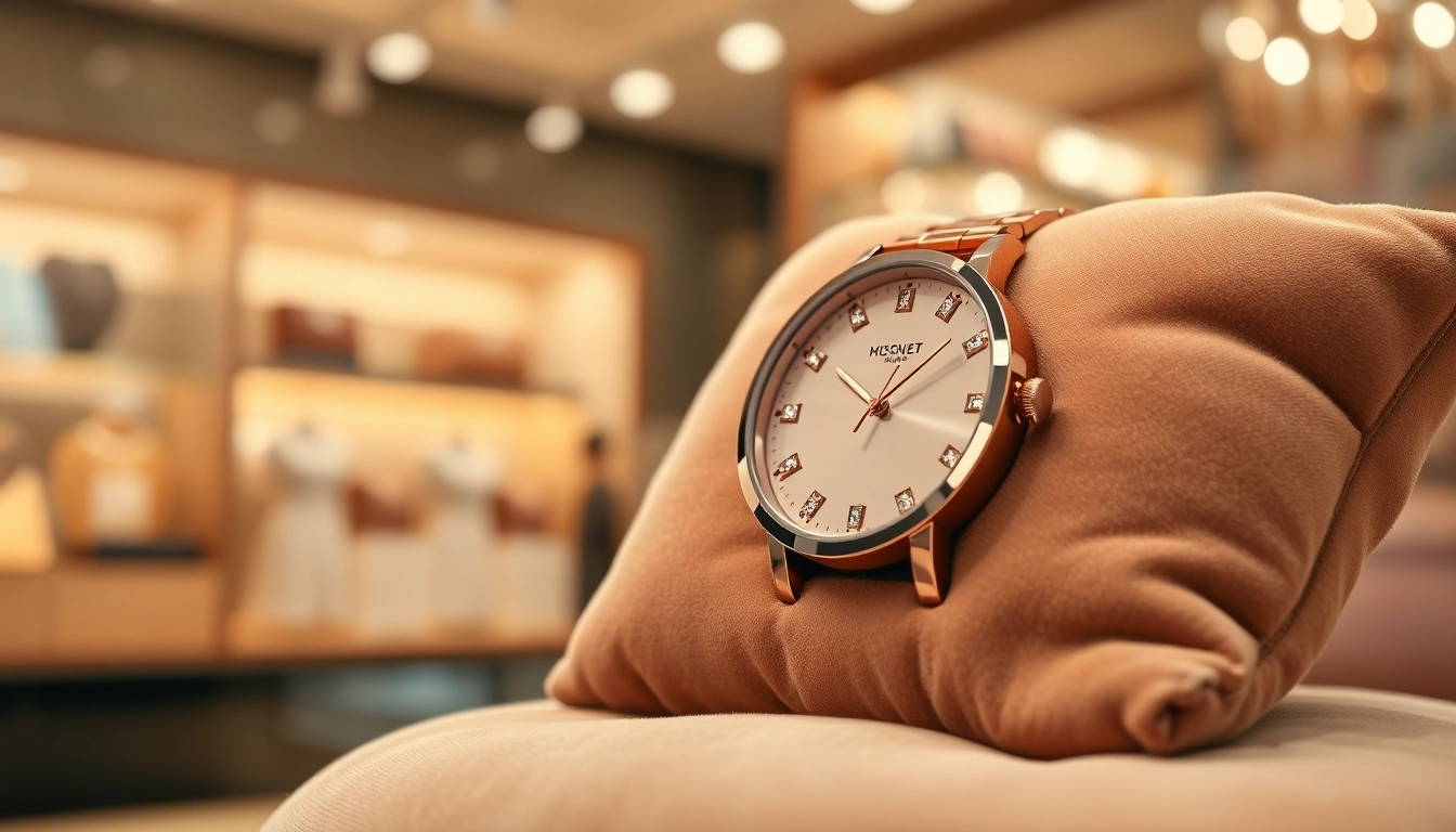 Elegante Damen Armbanduhr auf samtigem Kissen in luxuriösem Setting präsentiert.