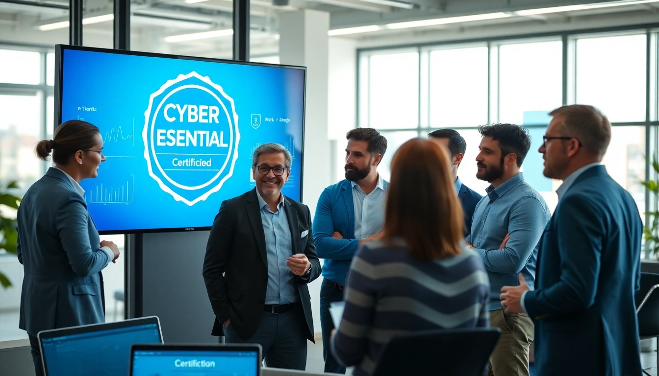 Cyber Essentials team collaborating in a modern office to enhance cybersecurity measures.