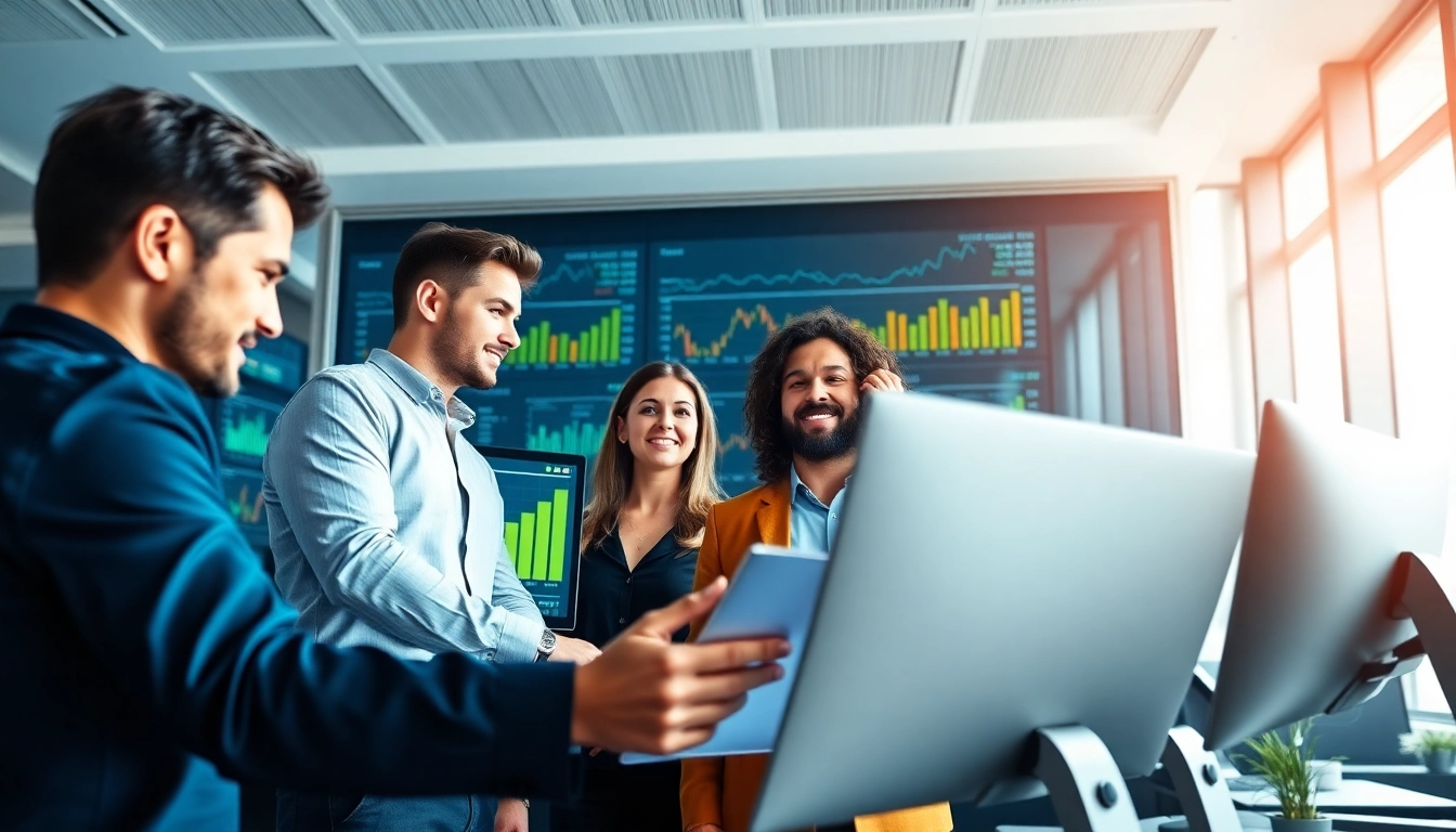 Analyzing financial data at RevenueRocketLab with a diverse team in a modern office.