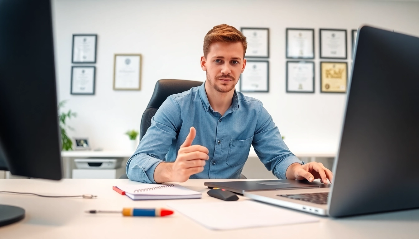Technician providing computer help in a modern office with tools and a laptop.