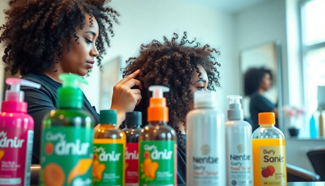 Applying curly hair products during a professional salon session to enhance curls.