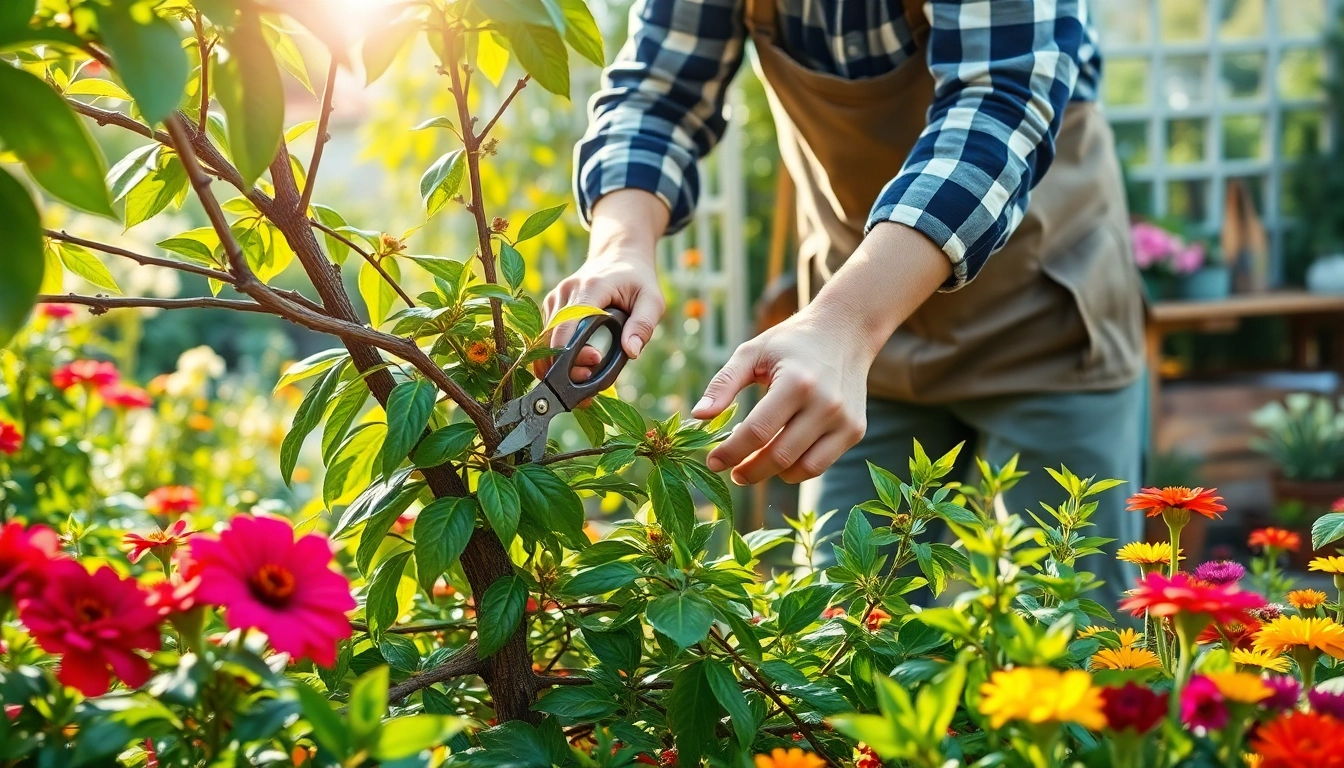 Snoeien van een struik door een professionele tuinier met prachtige bloemen op de achtergrond.