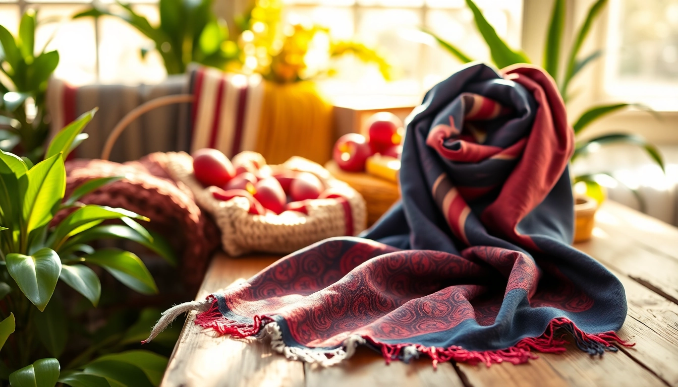 Showcasing beautiful scarves in vibrant colors and luxurious fabrics on a rustic table.
