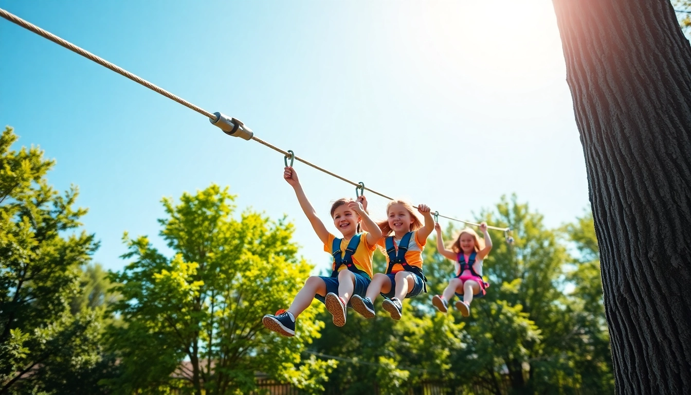 Enjoying a safe and exciting ZIP WIRE KIT in a vibrant backyard atmosphere.