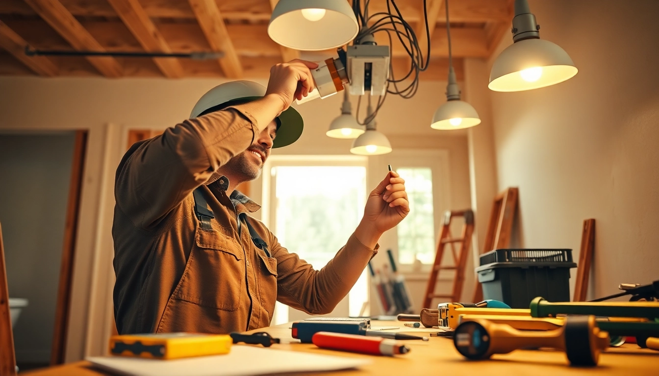 Electrician installing lighting fixtures in a residential setting, showcasing professionalism and expertise.