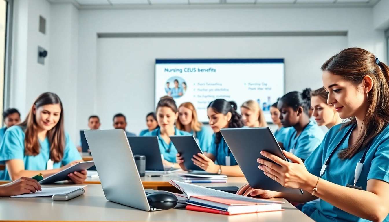 Nurses studying online for nursing CEUs in a bright classroom environment for professional development.